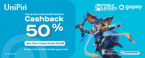JULI – Cashback 50% dan Bonus Item Code Buat Kamu yang Top Up MLBB Pakai GoPay di UniPin!